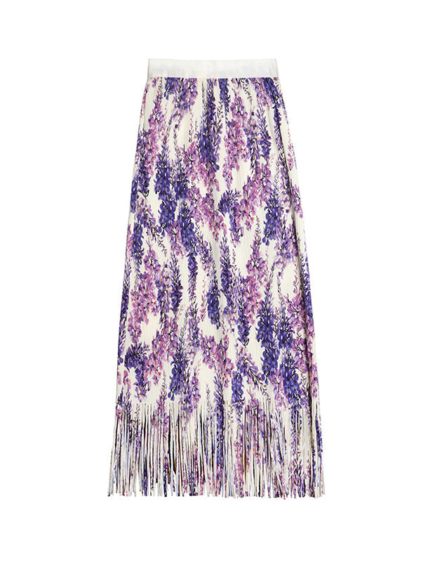 Pleated Printed Split-Joint Tasseled High Waisted H-Line Skirts