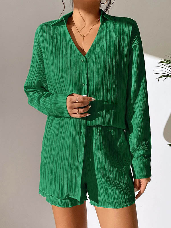 Loose Buttoned Long Sleeves Pleated Solid Color Lapel Shirts Top + Elasticity Shorts Bottom Two Pieces Set