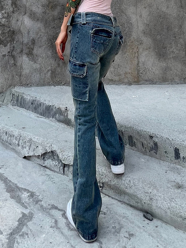 Stylish Multi-Pocket High-Waisted Split-Joint Jean Pants