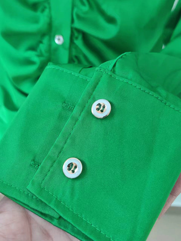 Pleated Solid Color Long Sleeves Lapel Blouses&shirts Tops