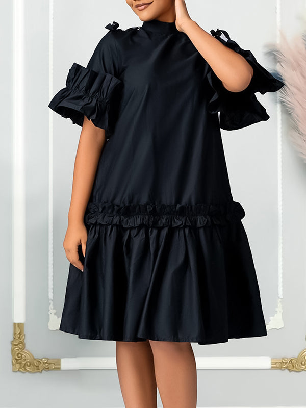 Pleated Solid Color Split-Joint Zipper A-Line Half Sleeves Mock Neck Midi Dresses