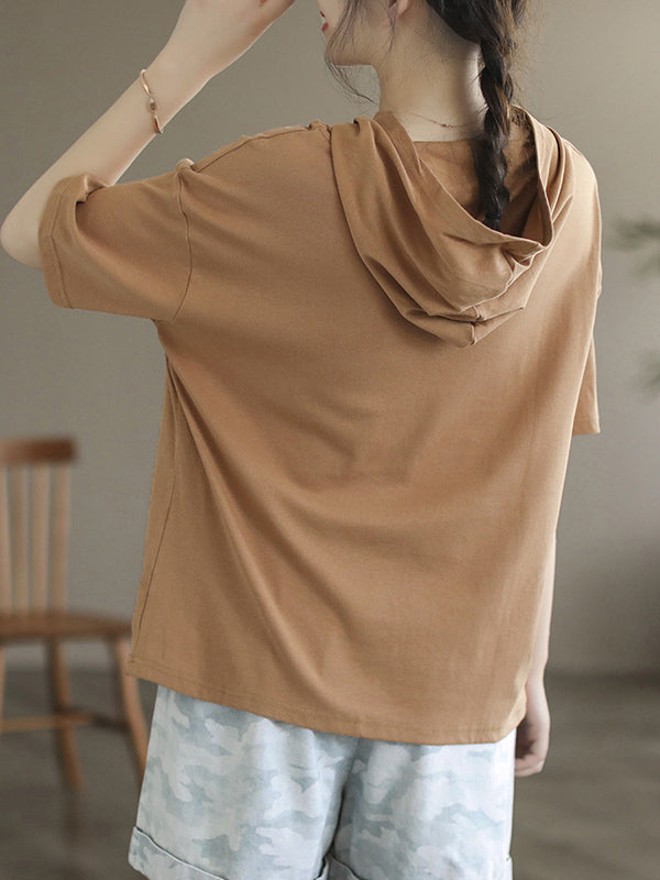 Hooded Solid Color Short Sleeves Hooded T-Shirts Tops