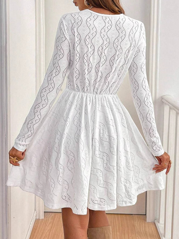 Hollow Lacy Solid Color Split-Joint High Waisted Long Sleeves V-Neck Mini Dresses
