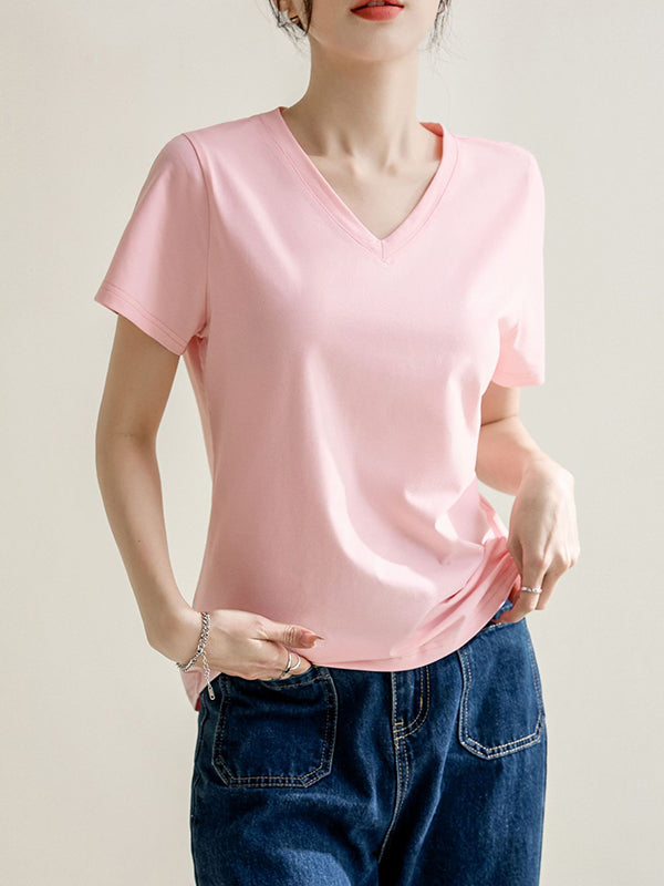 Solid Color Loose Short Sleeves V-Neck T-Shirts Tops