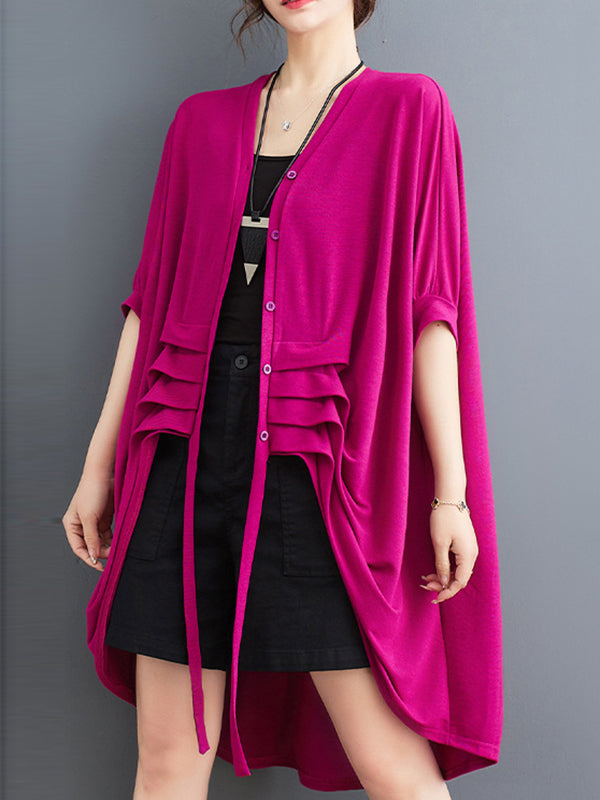 Drawstring Solid Color Half Sleeves Irregular Clipping V-Neck Outerwear