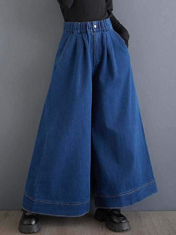 Elasticity Pleated Pockets High Waisted Loose Trousers Jean Pants Bottoms