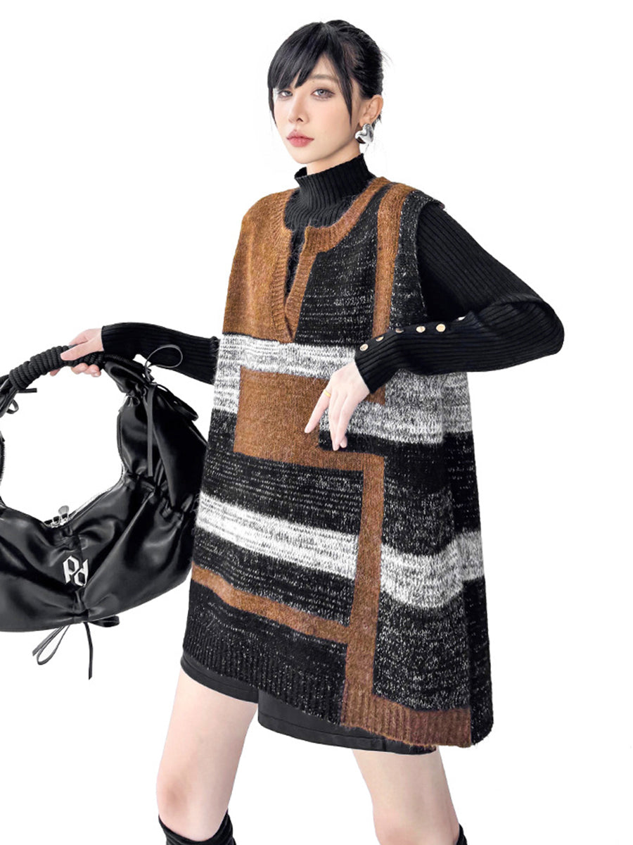 Contrast Color Geometric Split-Joint Striped Loose Sleeveless V-Neck Vest Top Outerwear