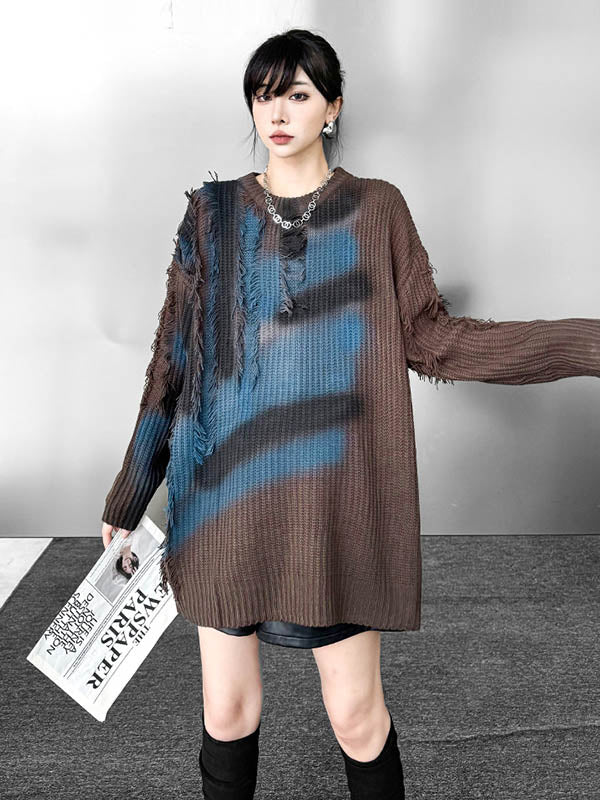 Abstract Printed Asymmetric Contrast Color Split-Joint Tasseled Irregularity Long Sleeves Round-Neck Sweater Tops