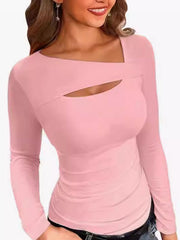 Asymmetric Hollow Solid Color Split-Joint Long Sleeves Skinny V-Neck T-Shirts