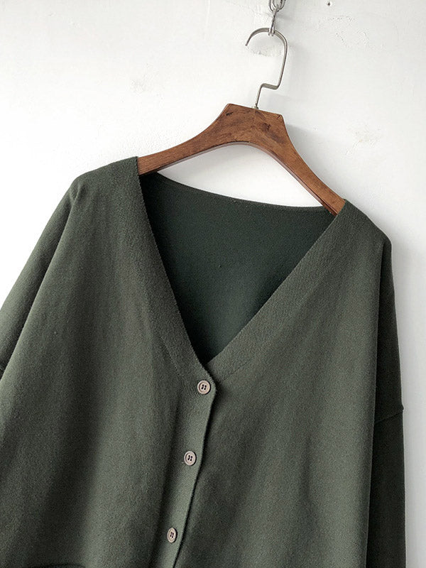 Artistic Retro Solid Color Buttoned V-Neck Long Sleeves Cardigan Top