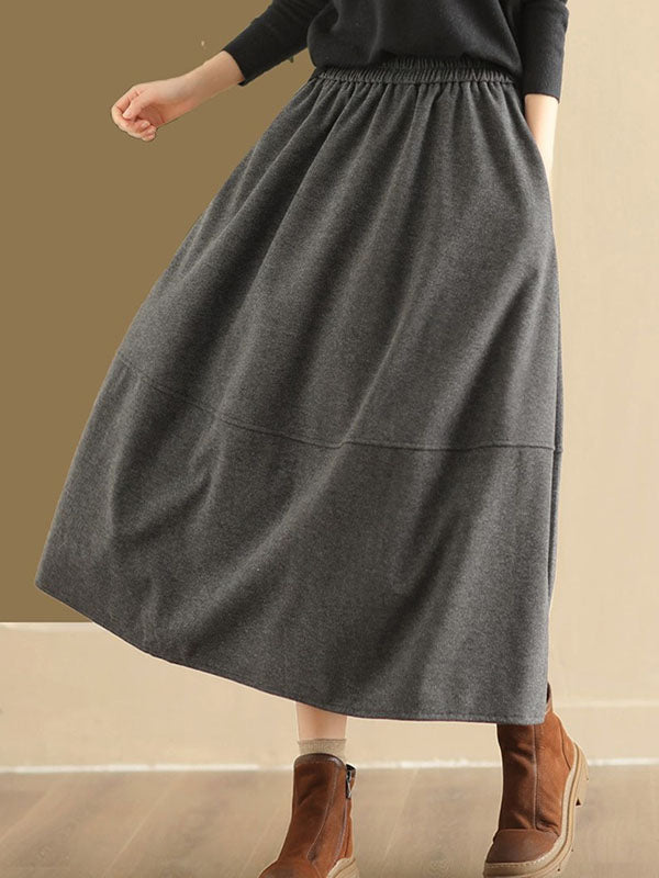 Elasticity Pockets Solid Color A-Line Loose Skirts Bottoms