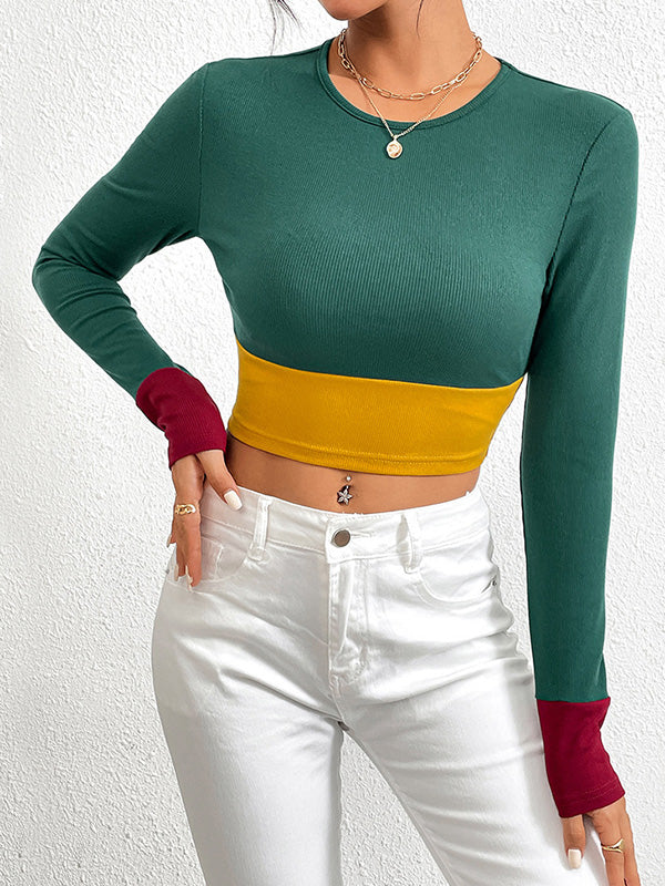 Contrast Color Long Sleeves Skinny Round-Neck T-Shirts Tops