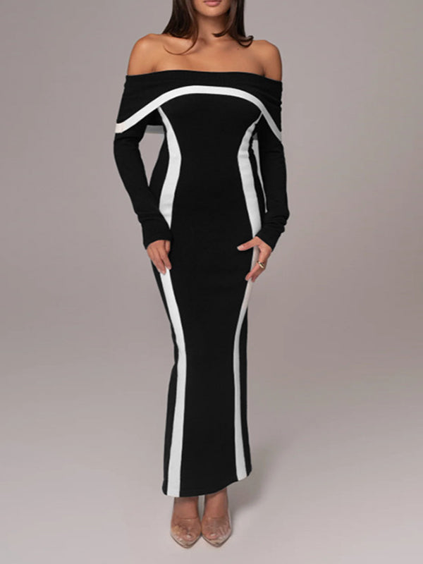 Contrast Color Split-Joint Bodycon Long Sleeves Off-The-Shoulder Maxi Dresses Evening Dresses