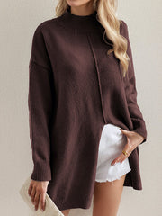 Solid Color Split-Front Split-Joint Long Sleeves Loose Mock Neck Sweater Tops