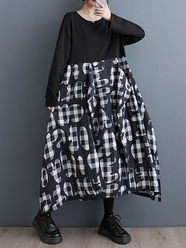 Printed Ruffled Split-Joint A-Line Long Sleeves Round-Neck Midi Dresses