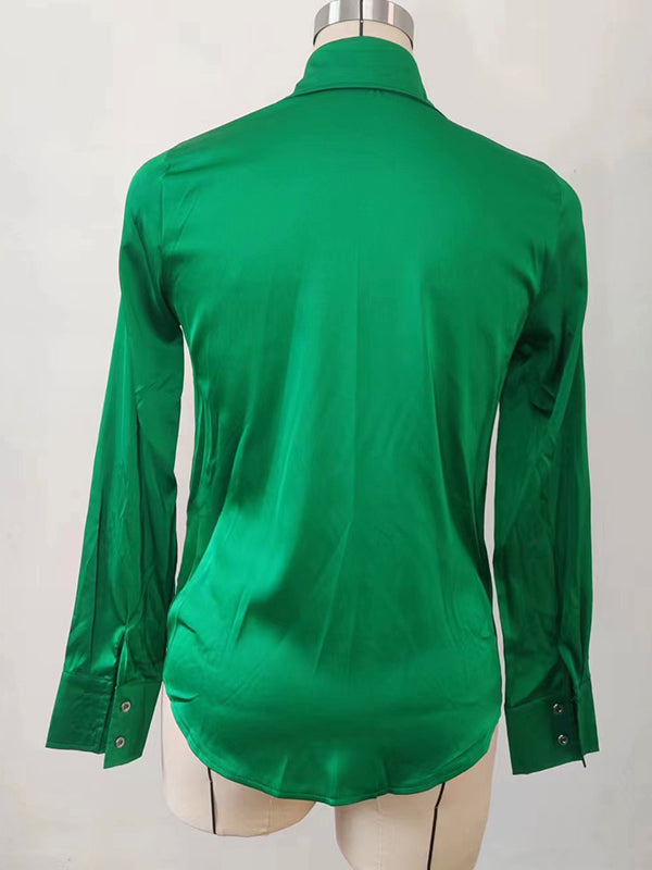 Pleated Solid Color Long Sleeves Lapel Blouses&shirts Tops