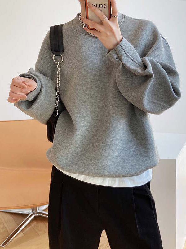 Solid Color Long Sleeves Loose Round-Neck Sweatshirt Tops