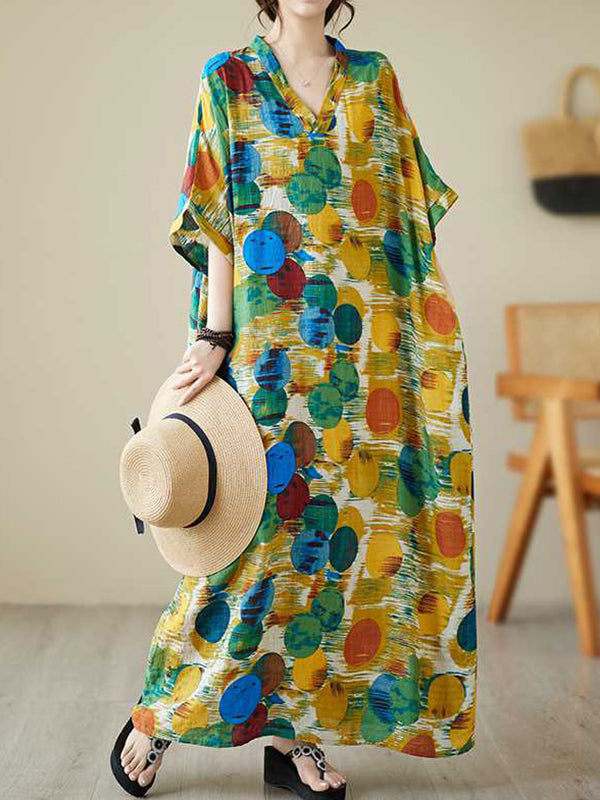 Contrast Color Polka-Dot Batwing Sleeves Half Sleeves V-Neck Maxi Dresses