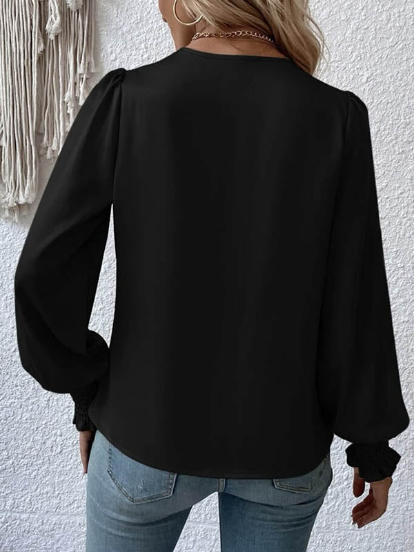 Elasticity Solid Color Long Sleeves Loose V-Neck Blouses&Shirts Tops