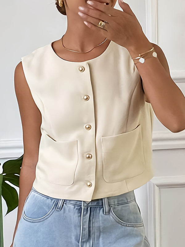 Buttoned Pockets Split-Joint Loose Sleeveless Round-Neck Vest Top