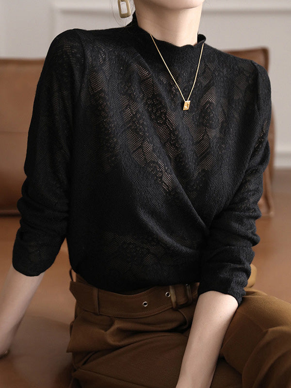 Hollow Jacquard Solid Color Long Sleeves T-Shirts Tops Knitwear