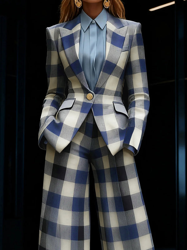 Long Sleeves Loose Buttoned Contrast Color Plaid Pockets Notched Collar Blazer Outerwear