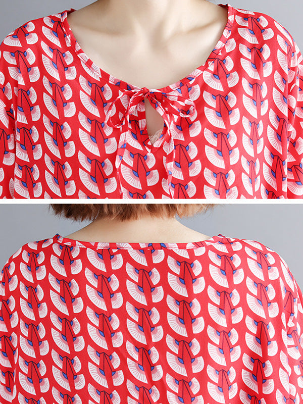 Artistic Retro Loose Half Sleeves Printed Pleated Falbala Round-Neck T-Shirts Tops