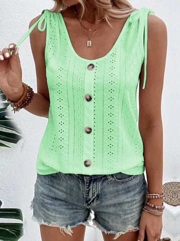 Buttoned Hollow Pleated Split-Joint Tied Loose Plus Size U-neck Vest Top