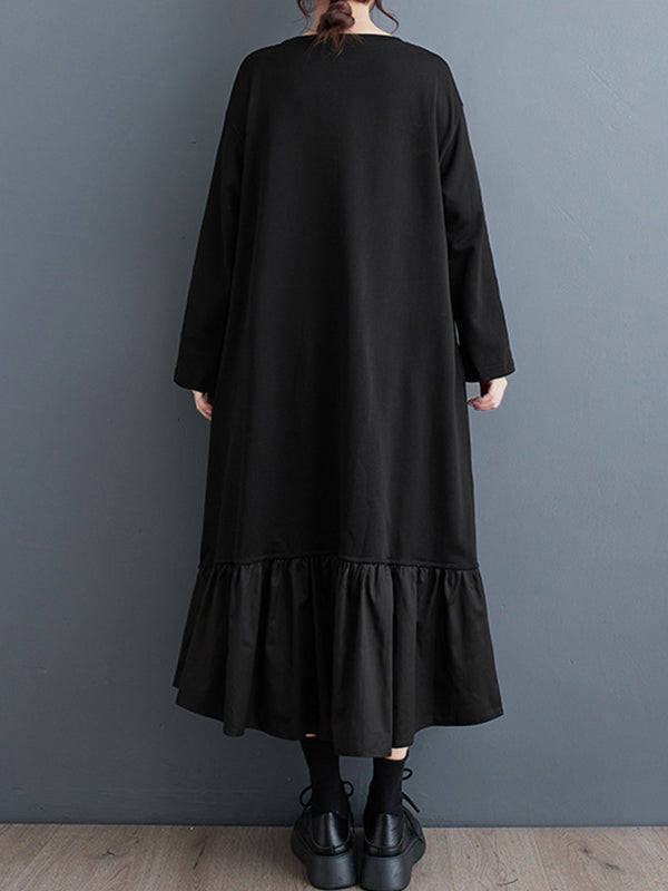 Contrast Color Pleated Split-front Split-Joint A-line Long Sleeves Round-neck Midi Dresses