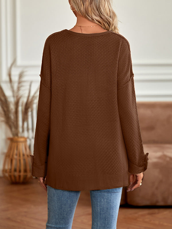 Buttoned Split-Side Long Sleeves Loose V-Neck Sweater Tops Pullovers