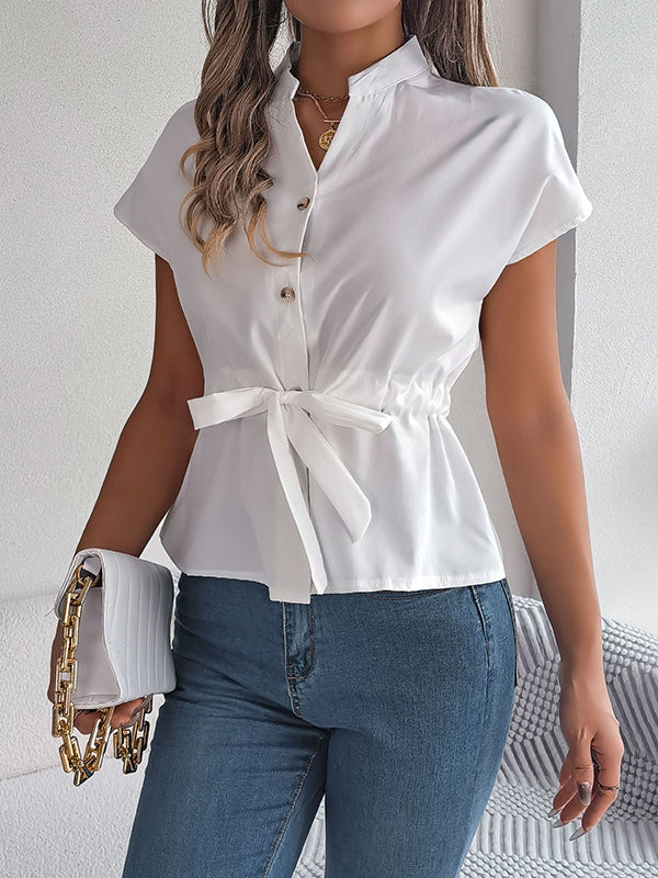 Drawstring Split-Joint Loose Short Sleeves Round-neck Blouses&shirts Tops