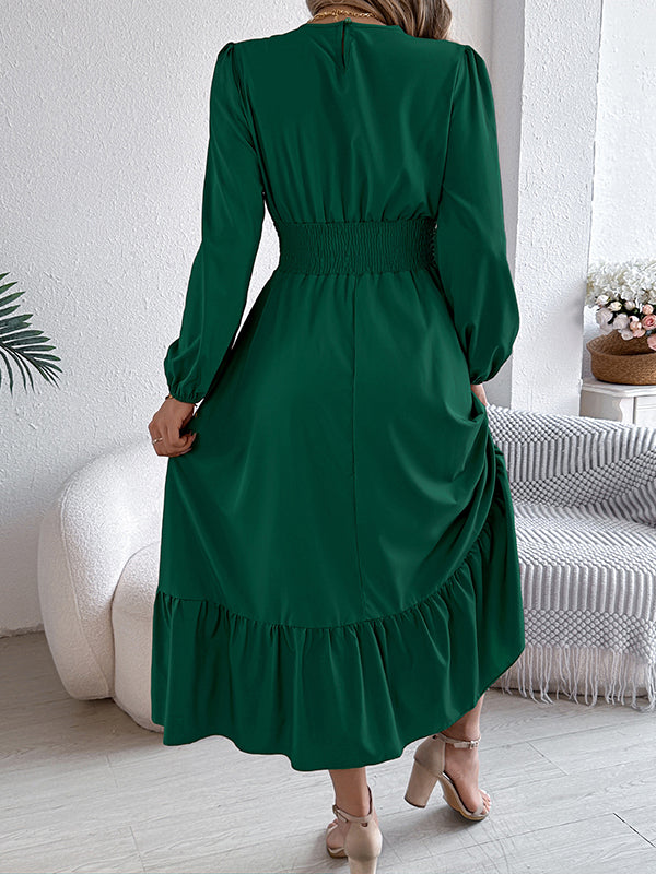 Pleated Solid Color A-Line Elasticated Waist Round-Neck Maxi Dresses