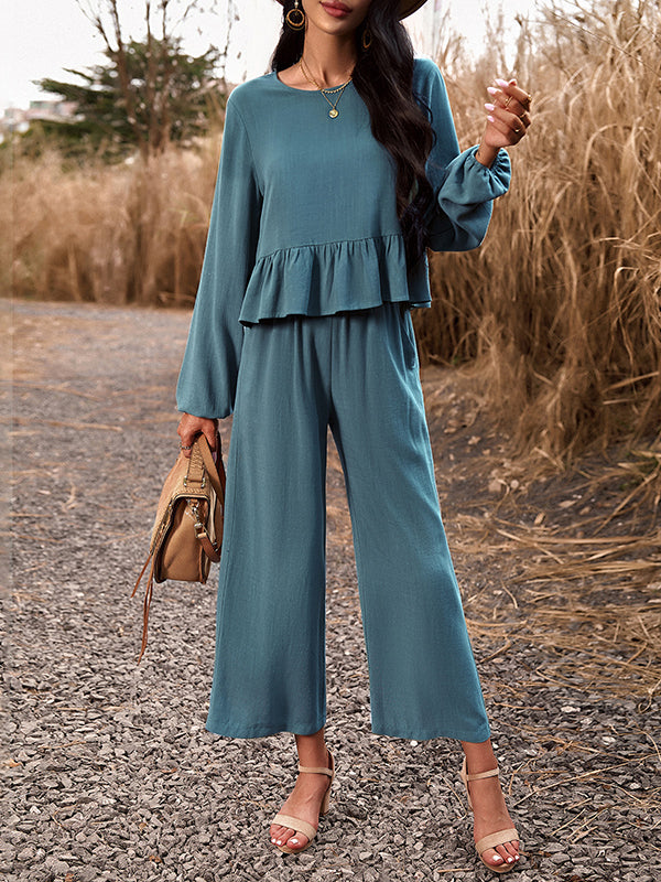 Round-Neck Long Sleeves Loose Pleated Solid Color Split-Joint Shirts Top + Pants Bottom Two Pieces Set