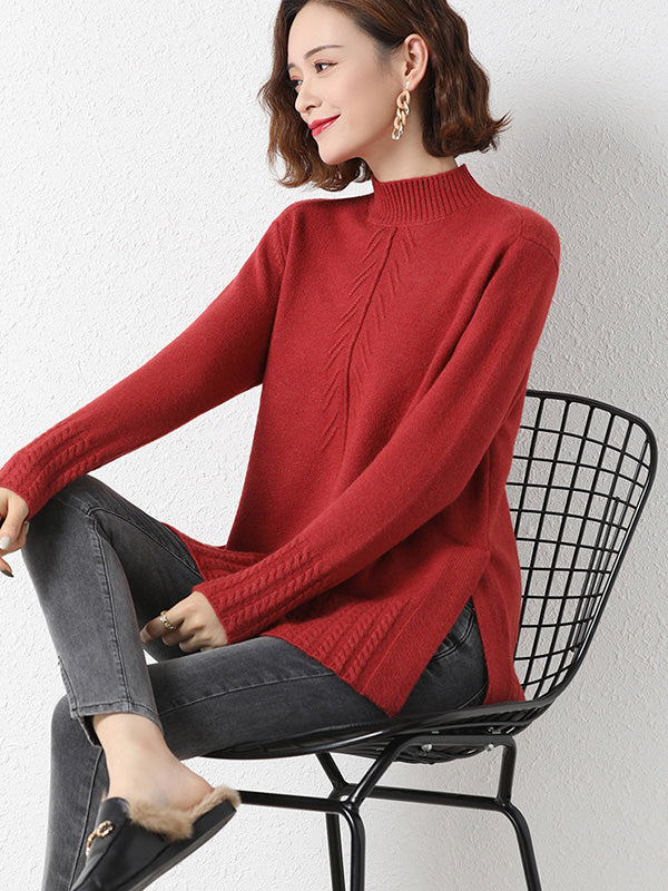 Loose Split-Side Solid Color Half Turtleneck Sweater Tops