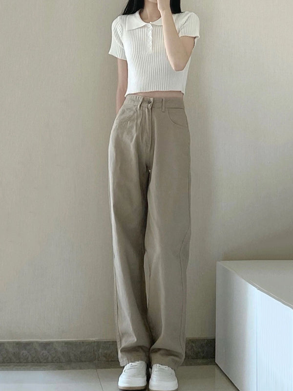Casual High Waisted Solid Color Wide Leg Pants