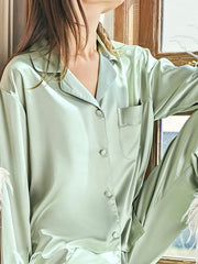 Notched Collar Long Sleeves Buttoned Feathers Split-Joint Shirts Top + Pants Bottom Pajama Sets