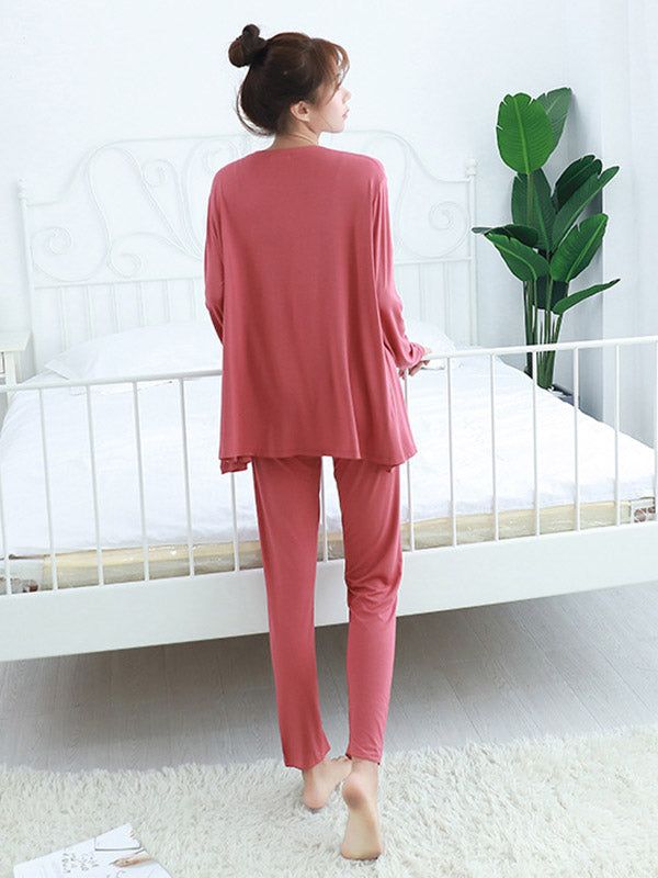 Simple Solid Color Long Sleeve Loose Modal Pajamas Sets