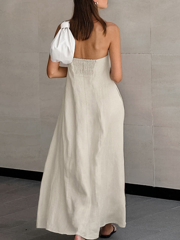 Elasticity Pockets Solid Color Zipper A-Line Loose Tube Maxi Dresses