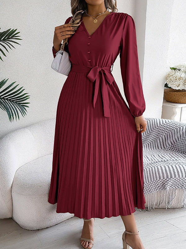 Belted Buttoned Pleated Solid Color High Waisted Long Sleeves V-Neck Maxi Dresses