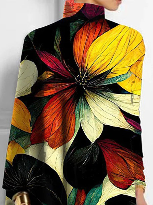 Long Sleeves Loose Contrast Color Floral Printed High Neck T-shirts