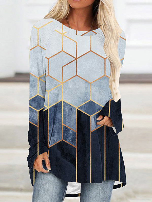 Printed High-Low Long Sleeves Round-Neck T-Shirts Tops