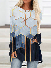 Printed High-Low Long Sleeves Round-Neck T-Shirts Tops