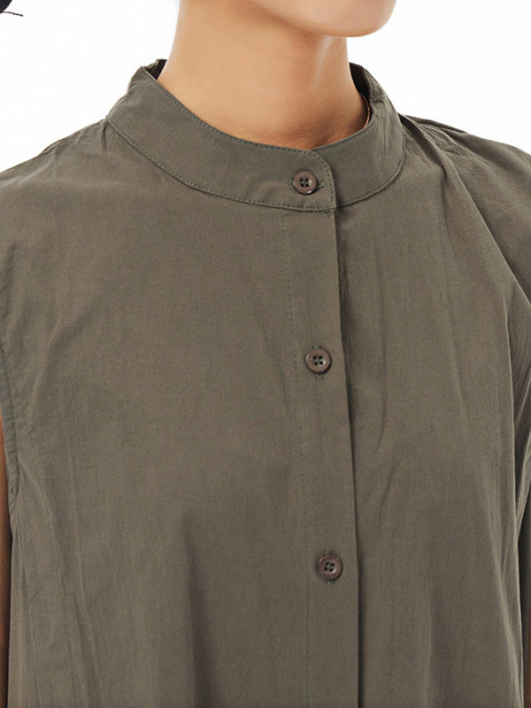 Pleated Solid Color Loose Sleeveless Stand Collar Shirt Dress Midi Dresses