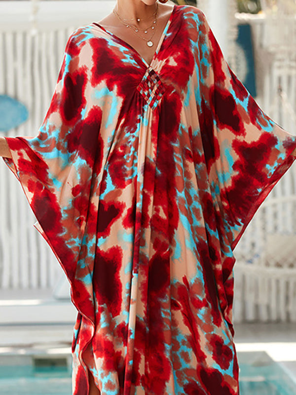Printed Split-Joint Split-side Sun protection Batwing Sleeves Loose V-neck Maxi Dresses Beach Cover-Up