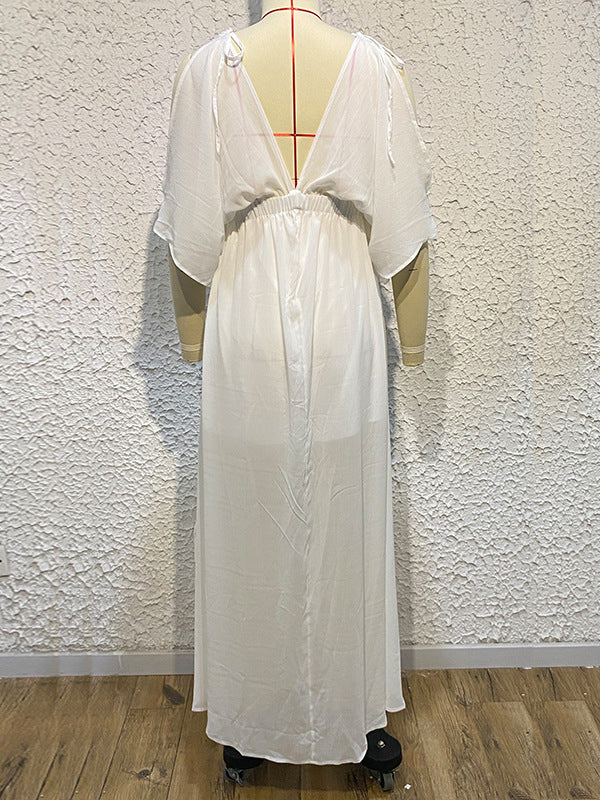 Solid Color Split-front Batwing Sleeves Loose Deep V-Neck Maxi Dresses