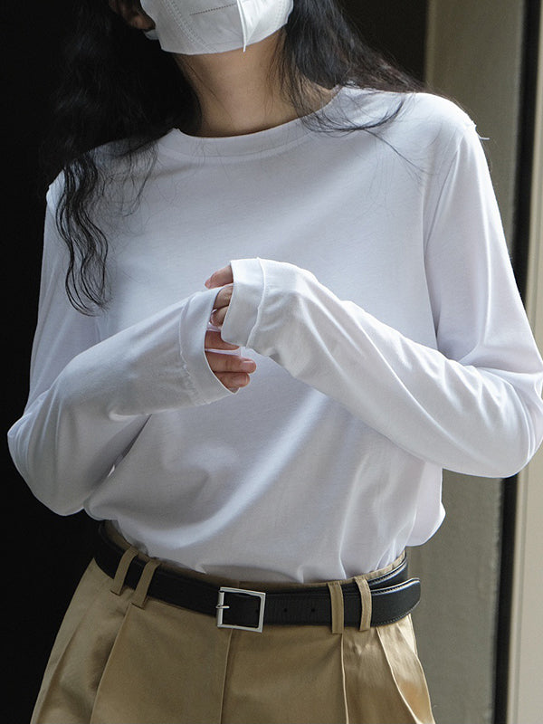 Simple Loose Long Sleeves Solid Color Round-Neck T-Shirts Tops