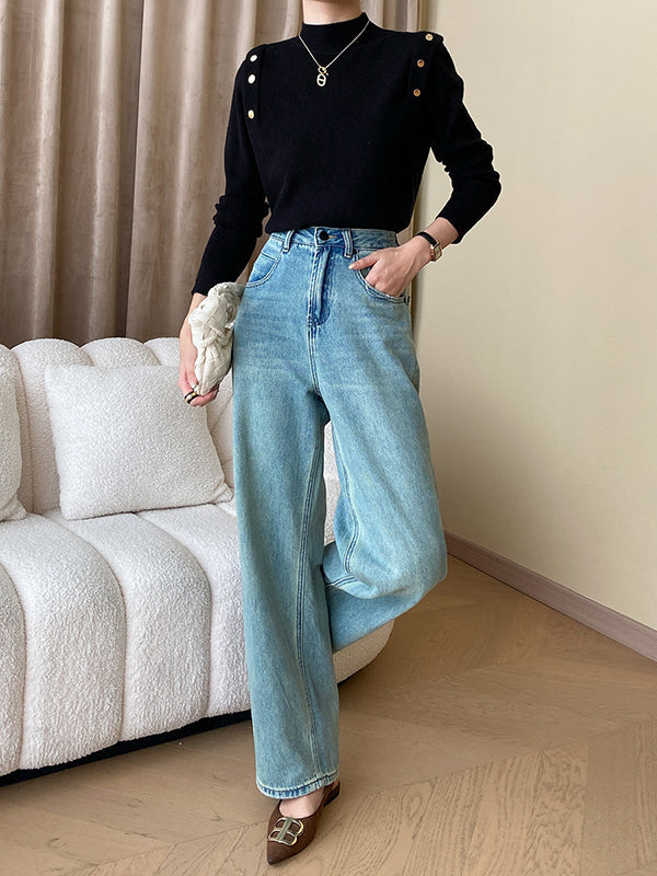 Buttoned Split-Joint Long Sleeves High-Neck Sweater Tops