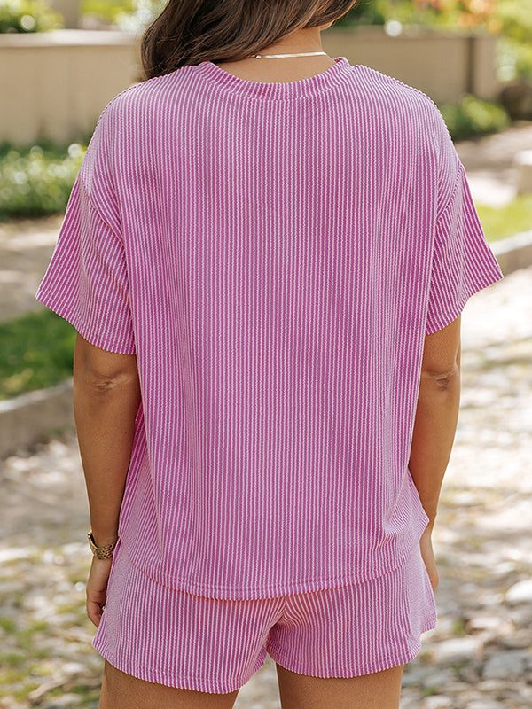 Loose Solid Color Half Sleeves Round-Neck T-shirt Top + Pockets Shorts Bottom Two Pieces Set