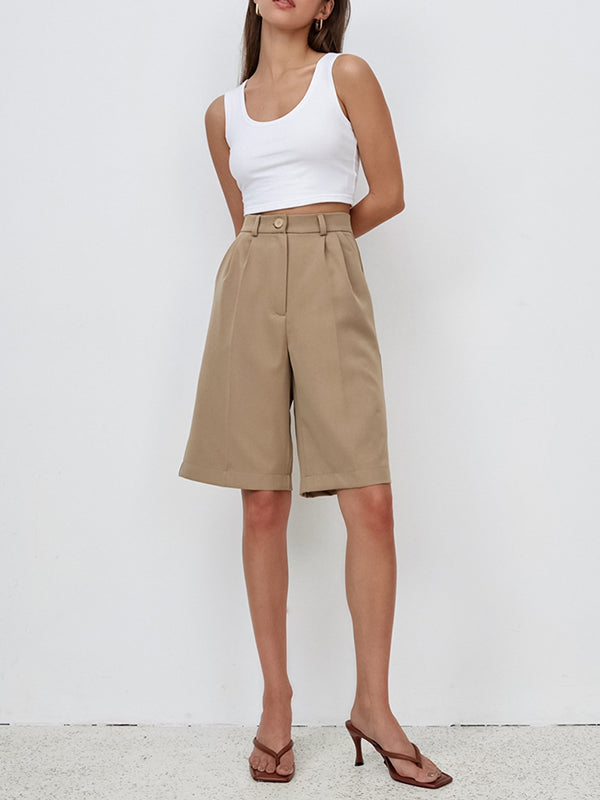 Pleated Solid Color Split-Joint High Waisted Loose Shorts Bottoms Half Pants