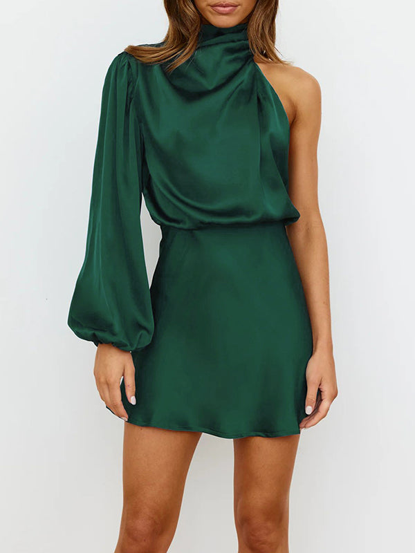 Asymmetric Elasticity Solid Color High Waisted Long Sleeves High Neck Mini Dresses